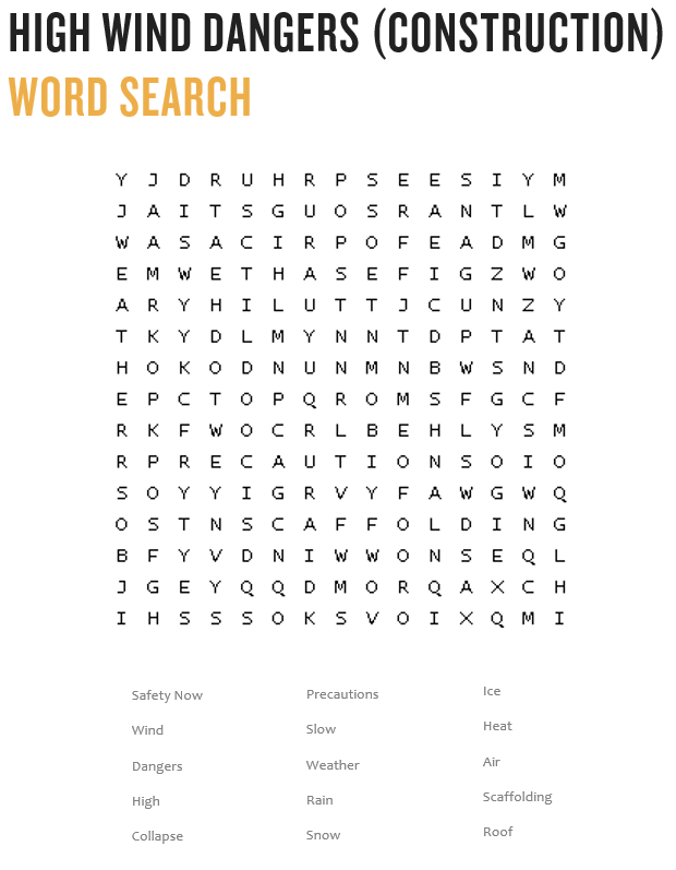 High Wind Dangers Construction Word Search SafetyNow ILT